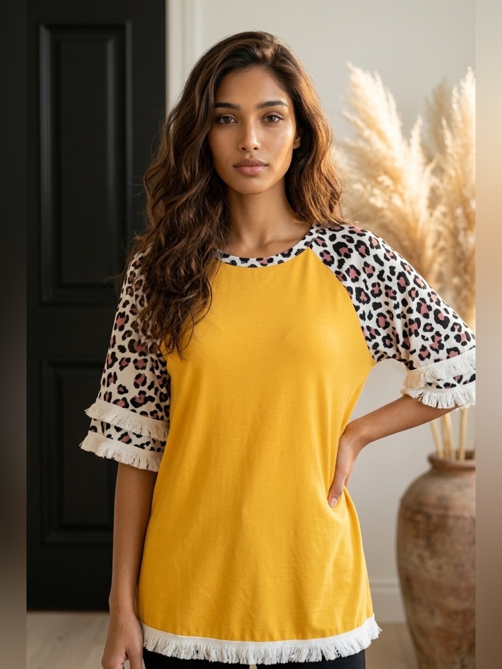 Mustard Yellow Raglan Tunic with Leopard Print Sleeves - Picture 1 of 4